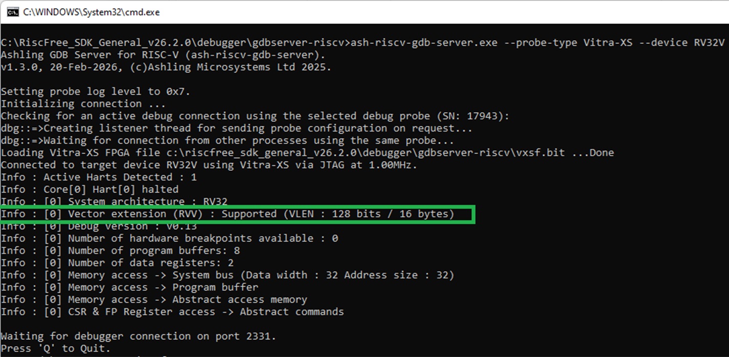 Ashling GDB Server showing RISC-V Vector Extension support