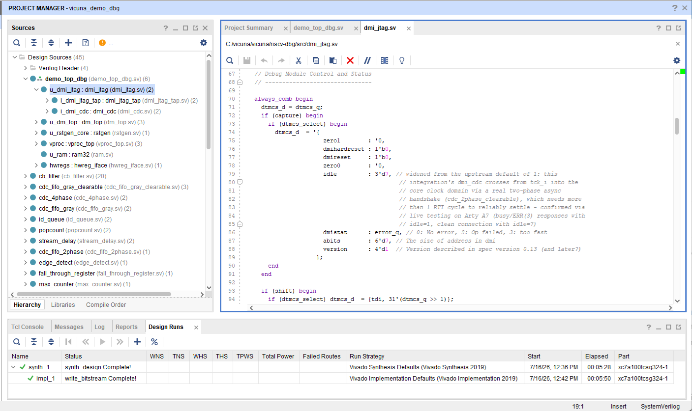 One-line idle bitfield change in dmi_jtag.sv shown in the Vivado editor