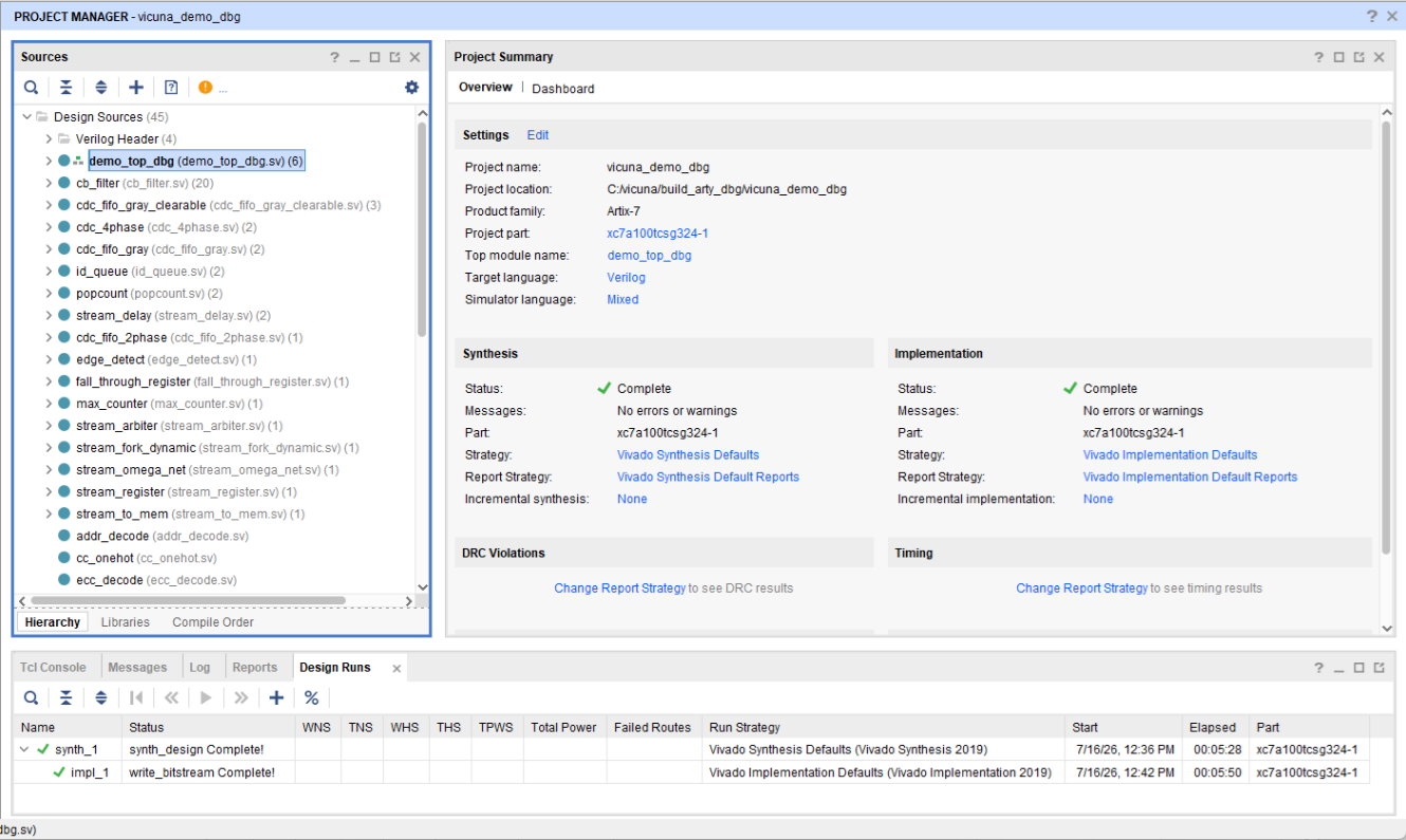 Ported Vicuna project building cleanly in Xilinx Vivado for the Arty A7-100T